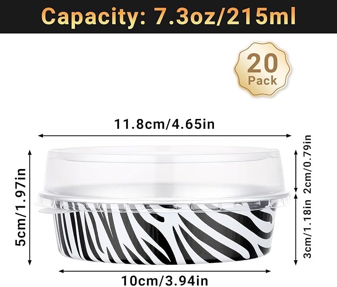 Beasea Mini Tart Pans with Lids 20 Pack, 4" 7.3oz Disposable Aluminum Foil Baking Tins Cups Round Pie Container for Individual Cupcake Dessert Muffin Cheesecake Quiche - Zebra Stripes