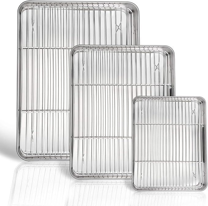 P&P CHEF 16+12.5+9 Inch Baking Sheets with Racks Set, Stainless Steel Baking Cookie Sheet Oven Pan and Cooling Rack, Healthy & Easy Clean, Oven & Dishwasher Safe, 3 Sizes & 6Pcs