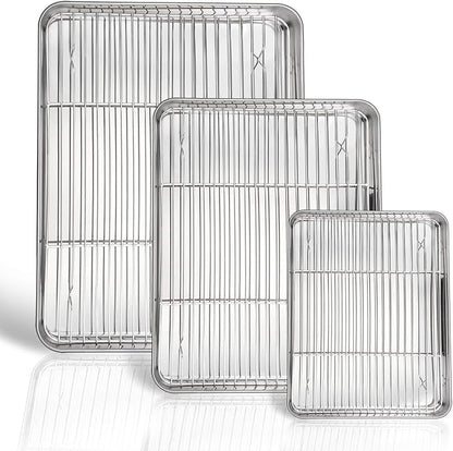 P&P CHEF 16+12.5+9 Inch Baking Sheets with Racks Set, Stainless Steel Baking Cookie Sheet Oven Pan and Cooling Rack, Healthy & Easy Clean, Oven & Dishwasher Safe, 3 Sizes & 6Pcs