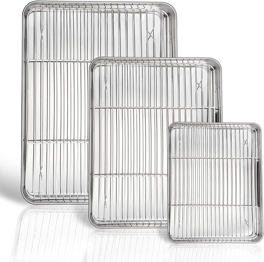 P&P CHEF 16+12.5+9 Inch Baking Sheets with Racks Set, Stainless Steel Baking Cookie Sheet Oven Pan and Cooling Rack, Healthy & Easy Clean, Oven & Dishwasher Safe, 3 Sizes & 6Pcs