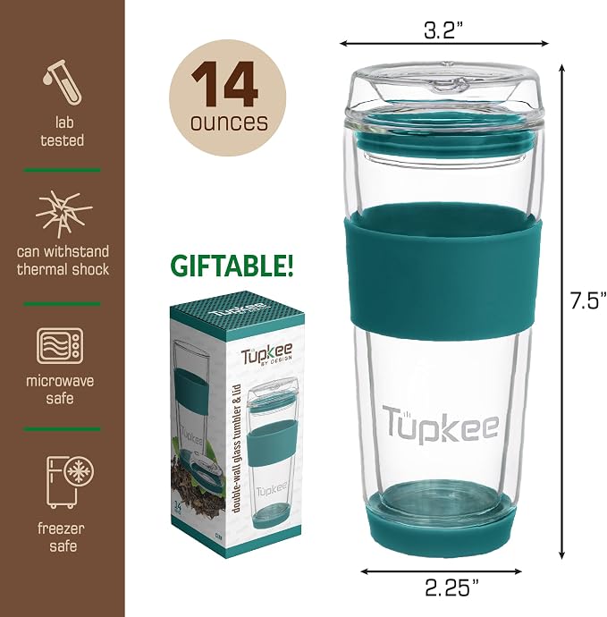 Double Wall Glass Tumbler - 14-Ounce, All Glass Reusable Insulated Tea/Coffee Mug & Lid, Hand Blown Travel Mug - Cyan