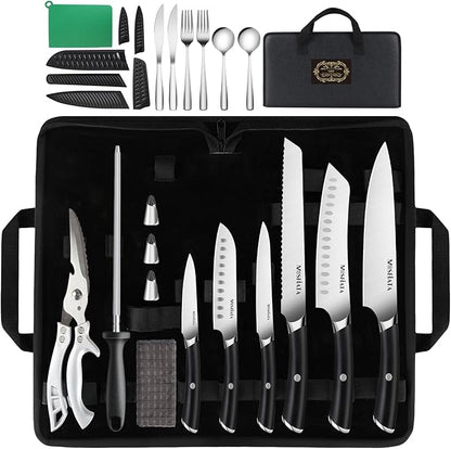 MOSFiATA Chef Knife Sets with Carry case Bag, 19 Pieces Professional Knife Set with Knife Sharpening Rod, High Carbon Stainless Steel Kitchen Chef Knives Set，Dishwasher Safe, For Outdoor