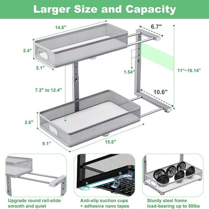 Under Sink Organizer 2 Pack, High Adjustable 2 Tier Under Sink Organizers and Storage, Slide out Metal Cabinet Organizers, Pull out Storage Drawer Shelf for Kitchen Bathroom Cabinet