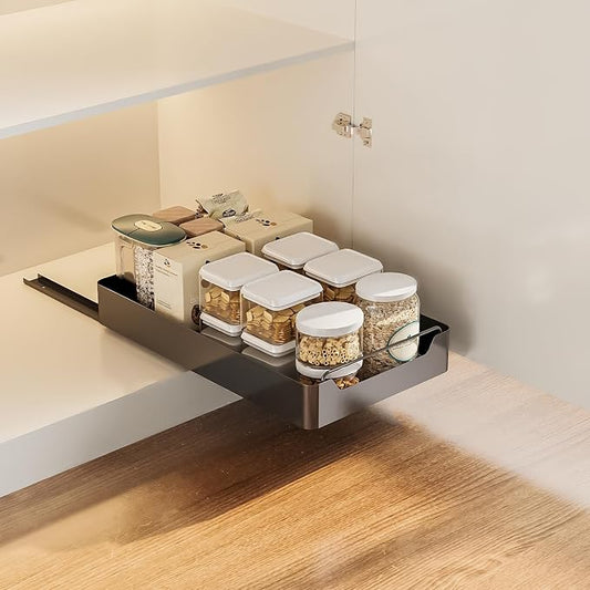 Pull Out Cabinet Organizer, Slide Out Pantry Shelves with Nylon Adhesive, Heavy Duty Sliding Drawer Pantry Shelf for Pantry Kitchen Home Bathroom Under Sink