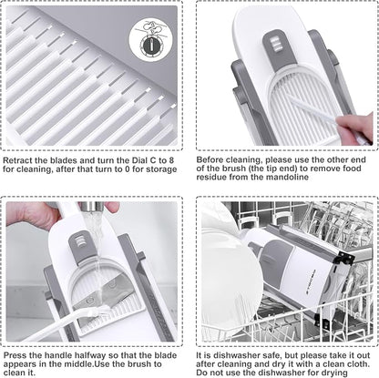 Safe Mandoline Slicer for Kitchen, Meal Prep, Potato Slicer, Adjustable/Easy to Clean/Storage, Kitchen Chopping Artifact, French Fry Cutter, Paring Knife/Cleaning Brush (only Slice, LightGrey)