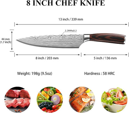 Sunnecko 8 Inch Chef Knife - Ultra Sharp 12-15 Degree Edge Kitchen Knife for Meat Vegetable Cutting Japanese Style, High Carbon Stainless Steel Blade, Pakkawood Handle &Sheath, Cooking Father Day Gift