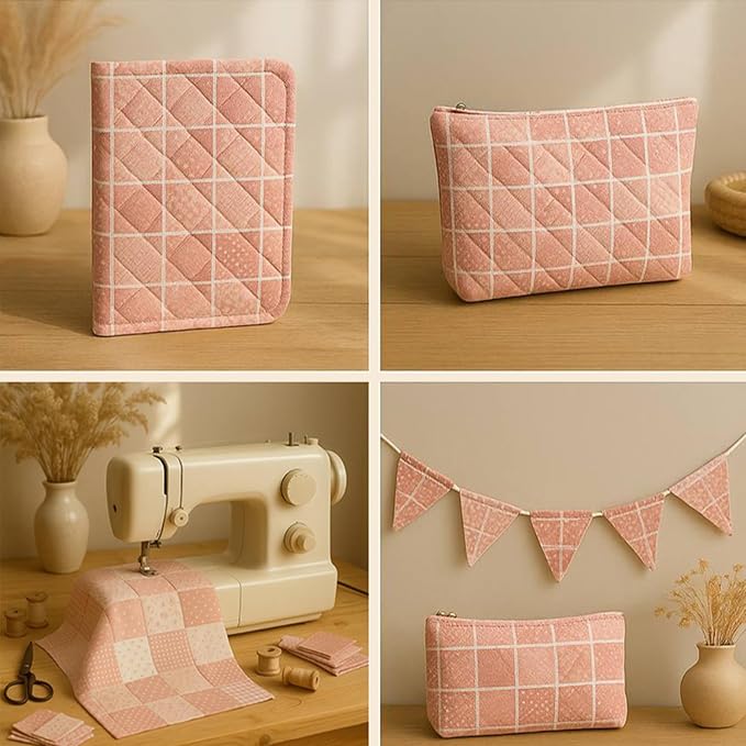 Cotton Satin Patchwork Fabric Panel – 35 Designs, 20×20 cm Squares, Single Piece 150×110 cm, Blush Pink Quilt Fabric (Peach Tones Geometric & Floral Set, 35pcs 8x8 inch)