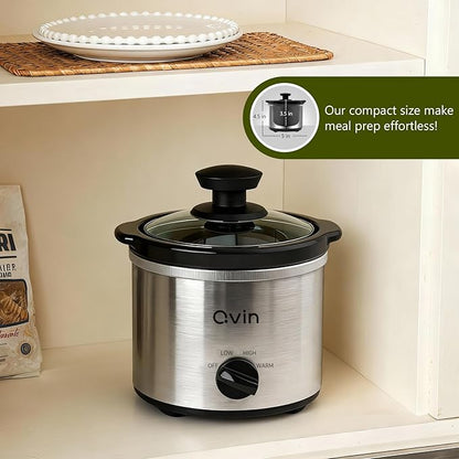 Qvin 0.65 Quart Mini Slow Cooker with Temperature Control, Stainless Steel and Black, Round Fondue Melting Pot with Glass Lid, Dishwasher Safe Stoneware