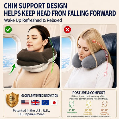 BUYUE Travel Neck Pillows for Airplanes, Memory Foam 360° Head Support Sleep for Long Flight, Skin-Friendly & Breathable, Kit with Eye Mask, Earplugs and Storage Bag (Adult, Brown, 90+ lbs)