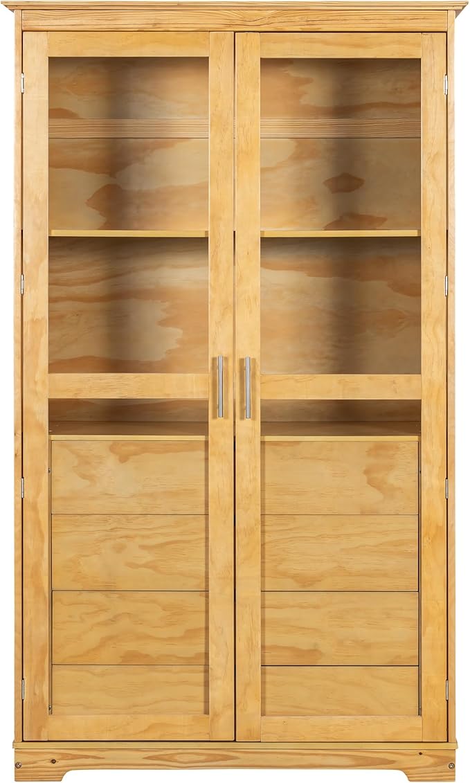VilroCaz 75'' Tall Kitchen Pantry, Wood Freestanding Kitchen Storage Cabinet Display Cabinet with Glass Doors and 4 Built-in Drawers for Living Room Home Office (Natural-6.21)