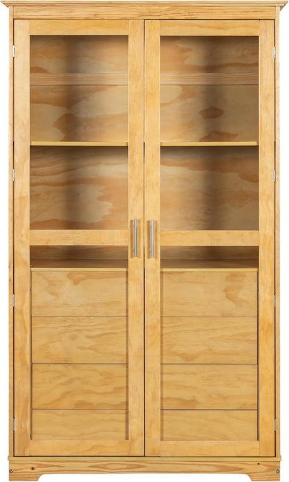 VilroCaz 75'' Tall Kitchen Pantry, Wood Freestanding Kitchen Storage Cabinet Display Cabinet with Glass Doors and 4 Built-in Drawers for Living Room Home Office (Natural-6.21)