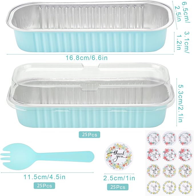 25Pack Mini Cake Pans Disposable Mini Loaf Pans with Lids and Spoons and Stickers, 6.8Oz Aluminum Foil Pans Tins, Individual Dessert Cups Containers for Sales,Party,Picnics Sky Blue