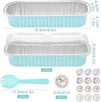 25Pack Mini Cake Pans Disposable Mini Loaf Pans with Lids and Spoons and Stickers, 6.8Oz Aluminum Foil Pans Tins, Individual Dessert Cups Containers for Sales,Party,Picnics Sky Blue