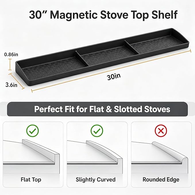 Magnetic Stove Top Shelf, Over the Stove Shelf Spice Rack & Spice Organizer – 30" Heat Resistant Silicone Stove Shelf, No Drill Kitchen Storage Organizer for Gas/Electric Stoves & Small Kitchens