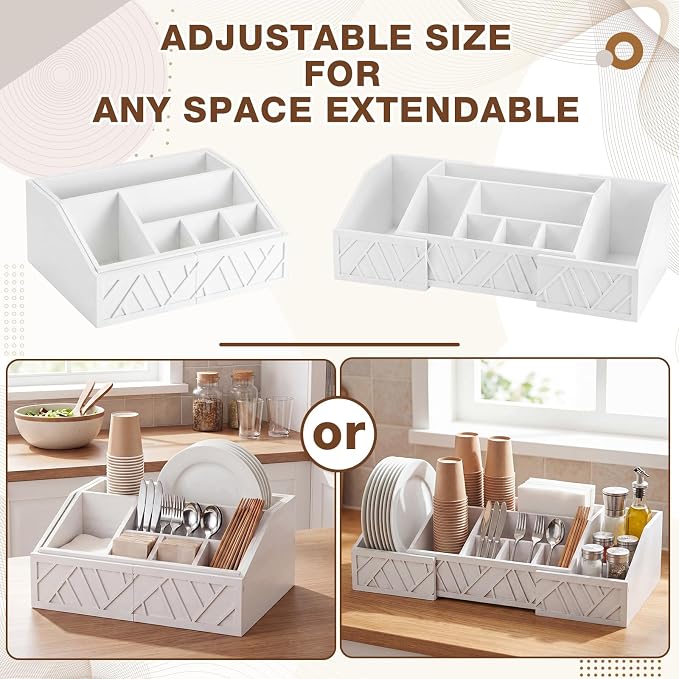 Paper Plate Dispenser Extendable, Paper Plate Holder for Kitchen Counter Wood Silverware Utensil Caddy Cutlery Flatware Organizer Box for Cups Spoons Forks Kitchen Accessories (White)