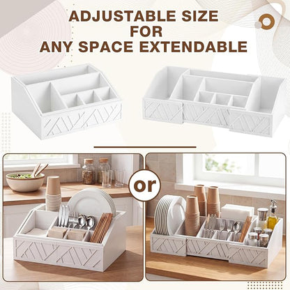 Paper Plate Dispenser Extendable, Paper Plate Holder for Kitchen Counter Wood Silverware Utensil Caddy Cutlery Flatware Organizer Box for Cups Spoons Forks Kitchen Accessories (White)