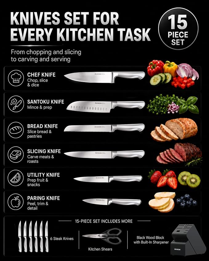 Astercook Knife Set, 15 Piece German Steel Kitchen Knife Set with Built-in Sharpener, One-Piece Knife Block Set Rust-Resistant Dishwasher Safe Block Knives Set for Cooking & Gift (Midnight Black)