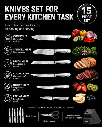 Astercook Knife Set, 15 Piece German Steel Kitchen Knife Set with Built-in Sharpener, One-Piece Knife Block Set Rust-Resistant Dishwasher Safe Block Knives Set for Cooking & Gift (Midnight Black)