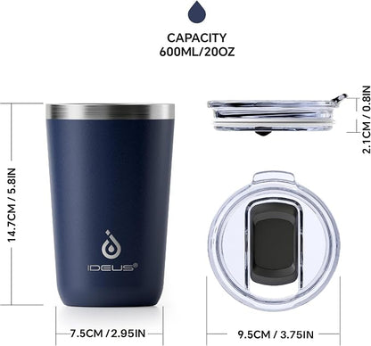 Ideus 20 oz Tumbler, Travel Coffee Mug with Splash Proof Sliding Lid, Double Wall Stainless Steel Vacuum Insulated Coffee Mug for Home and Office, Keep Beverages Hot or Cold, Navy blue