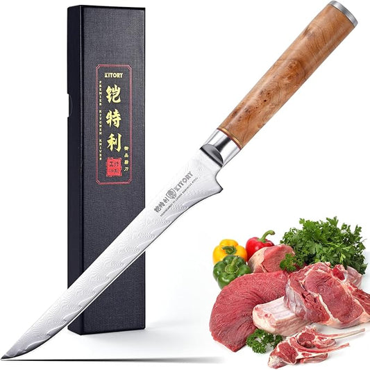 Kitory Damascus Boning Knife - Japanese Style Fillet Knife, Ultra Sharp 73-Layers HC Super Steel- Deboning Tool with White Shadow Wood Handle, with premium Gift Package