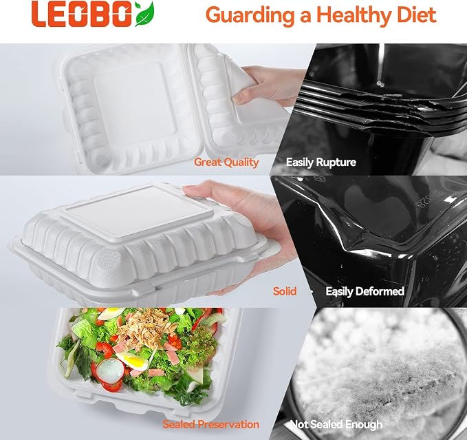 8 Inch 34oz 55-Pack White Food Containers - Shrink Wrap No Pre-Wash | BPA Free Sturdy Reusable | Microwave, Freezer & Dishwasher Safe for Leftovers, Meal Prep, Takeout & Catering Disposable Box