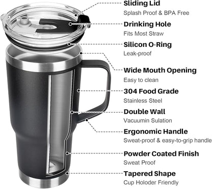 20 oz Tumbler with Handle, Stainless Steel Insulated Tumbler with Lid and Straw, Double Wall Vacuum Coffee Mug Tumbler, Insulated Coffee Thermal Cup for Cold and Hot (Black)