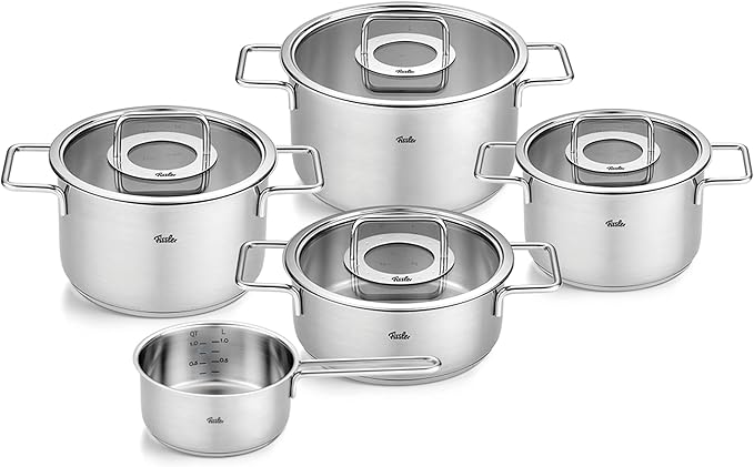 Fissler Pure Collection Stainless Steel 9 Piece Cookware Set with Glass Lids, All Stovetops Including Induction, Rivet-Free, Oven Safe to 450°F, Dishwasher Safe