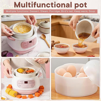 Pink 1L Ceramic Slow Cooker with Steamer Basket, 200W Mini Electric Stew Pot, 24-Hour Delayed Start & Auto Keep-Warm, Household Kitchen Safety Dry-Burn Protection Porridge & Soup Pot