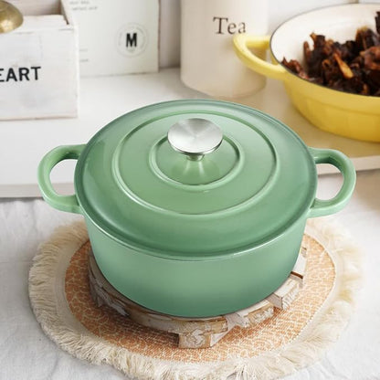 TeamFar Enameled Cast Iron Dutch Oven - 3QT Small Dutch Oven Pot with Lid - Heavy Duty Cast Iron Pot Cookware for Bread Baking, Braising, Stewing, Roasting, Pistachio Green