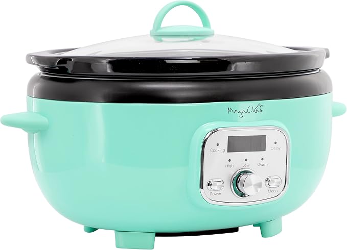 MegaChef 3.7 Quart Oval Electric Digital Slow Cooker with Black Stoneware Crock, Adjustable Timer & Temperature Control, Delay, High, Low & Warm Settings - Versatile Cooking Appliance (Turquoise)