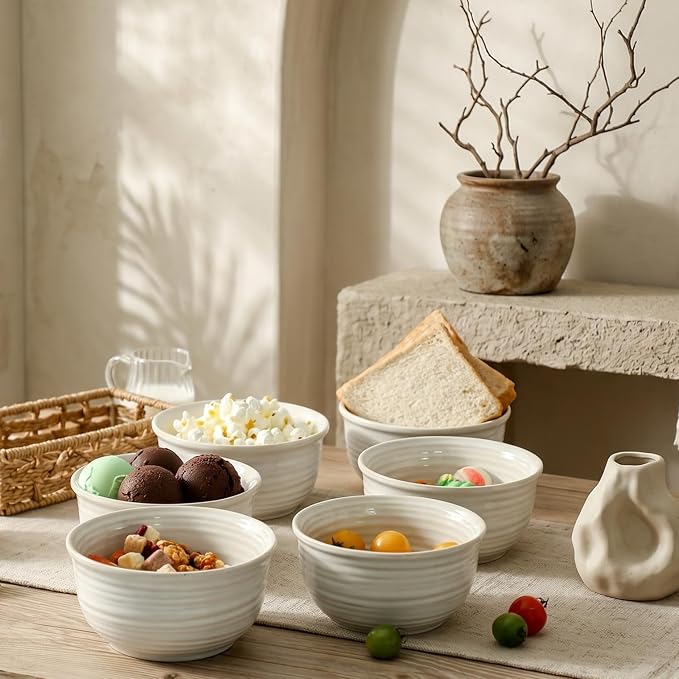 Ceramic Soup Bowls Set of 6, 20 Ounce Deep Creamy White Cereal Bowls, Microwave & Dishwasher Safe, Perfect for Oatmeal, Pasta, Salad, Dessert & Breakfast