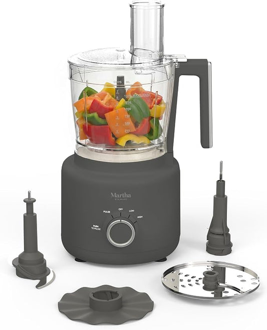 Martha Stewart Food Processor, 10-Cup Electric Chopper for Slicing, Shredding, Mincing and Puree, BPA-Free Twist & Lock Bowl, 3 Multipurpose Blades, Variable Speed Dial, Wide Feed Chute, Caviar Gray