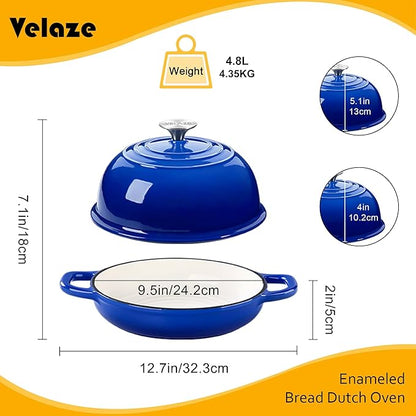 Velaze Enameled Cast Iron Dutch Oven for Bread Baking,5 QT Bread Oven Pot with Dome Lid for Crispy Artisan Bread & Bakery-Style Homemade Loaves(Blue)
