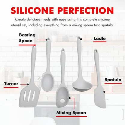 Chef Craft - Premium Silicone Kitchen Tools and Utensils Set, Non-Scratch, Withstands Temperatures up to 450°F, BPA-Free, 5 Piece Cooking Utensils Set, Gray