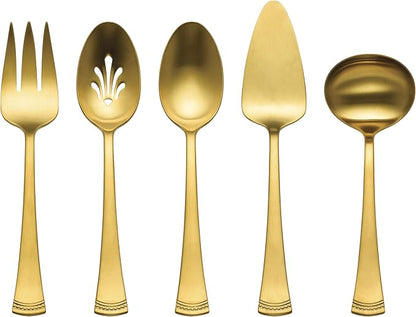 Lenox Silverware Set, Portola Satin Gold 5-Piece Hostess Set, 18/10 Stainless Steel, Dishwasher Safe, Flatware Kitchen Utensils, Cutlery Sets, Spoons and Forks, Kitchen and Dining (Gold, 5 Pieces)