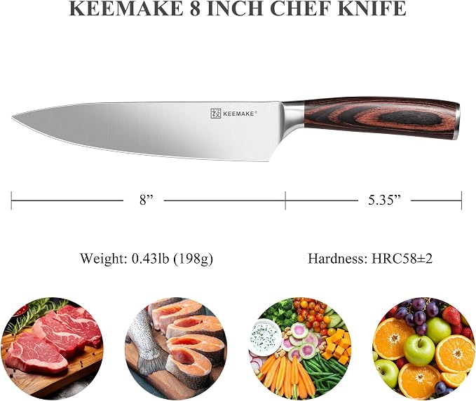 KEEMAKE Chef Knife - 8 Inch High Carbon Stainless Steel Kitchen Knife with Ergonomic Handle, Professional Kitchen Gadgets with Gift Box for Men and Women, Father Day Gifts