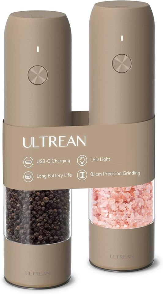 Ultrean Pepper Grinder, Rechargeable Salt and Pepper Grinder Set with 6 Adjustable Coarseness, LED Light, Electric Pepper Mill, Essentials for New Home Housewarming, Brown