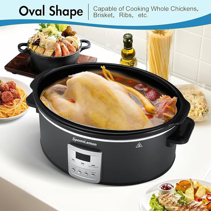 7QT Slow Cooker, Electric Programmable Cooker with 20H Timer & 3 Heat Settings, Oval Ceramic Pot — Ideal for Family Meals & Meal Prep, Compatible with 20 Count 13"x21" Cooking Liners
