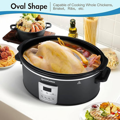 7QT Electric Slow Cooker with Digital Timer, 20H Programmable & 3 Heat Settings, Oval Ceramic Pot, Large Capacity for Family Dinner, Meal Prep, Compatible with 30 pcs 13"x21" Cooking Liners