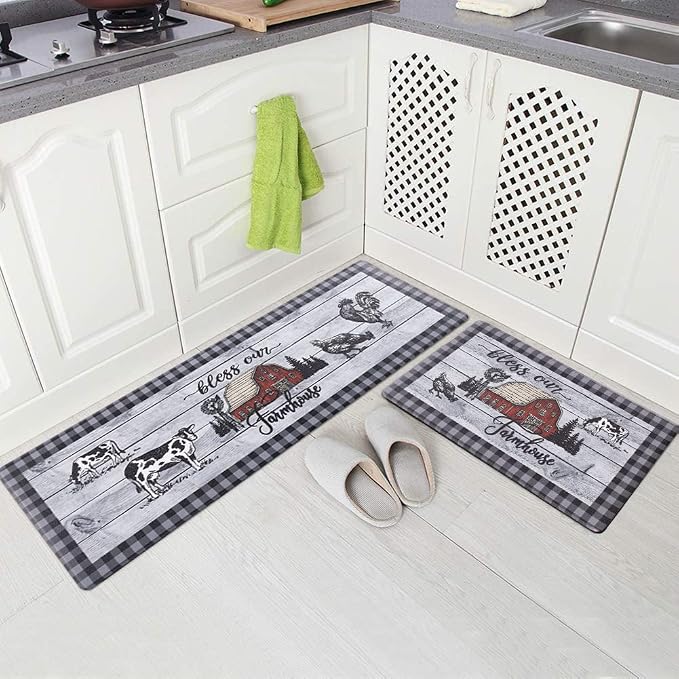 Carvapet Kitchen Floor Mats 2Pcs, Anti Fatigue Kitchen Rugs and Mats Farmhouse Plaid Farmhouse Non-Skid Cushioned Floor Comfort Mat for Kitchen, Doorway, Sink, Laundry, 17"x27"+17"x47"