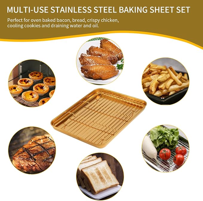 DOCBLACK Baking Sheet with Wire Rack and BBQ Tong Set, Stainless Steel Cookie Sheet Baking Tray & Cooling Rack & 26cm Food Tong for Cooking and Oven, Dishwasher Safe-Rose Gold