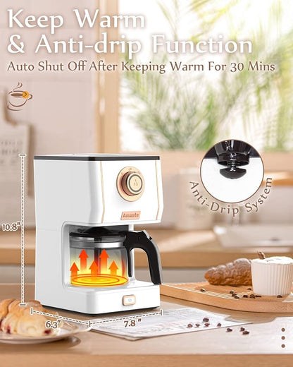 Amaste Retro Style Coffee Machine with 25 Oz Glass Coffee Pot, Reusable Coffee Filter & Three Brewing Modes, Warming Plate, Elegant White with Rose Gold