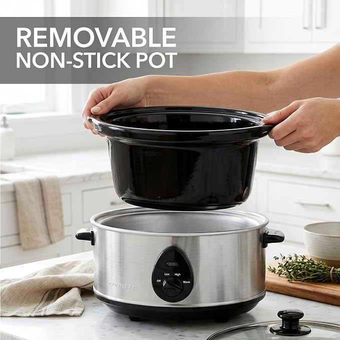OVENTE Electric Slow Cooker with 3 Cooking Settings, Non-Stick and Dishwasher Safe Stoneware, Stainless Steel Body, Glass Lid, 3.7 Qt Oval Pot for Entrees, Soups, Sauces, Stews & Dips, Silver SLO35ABR