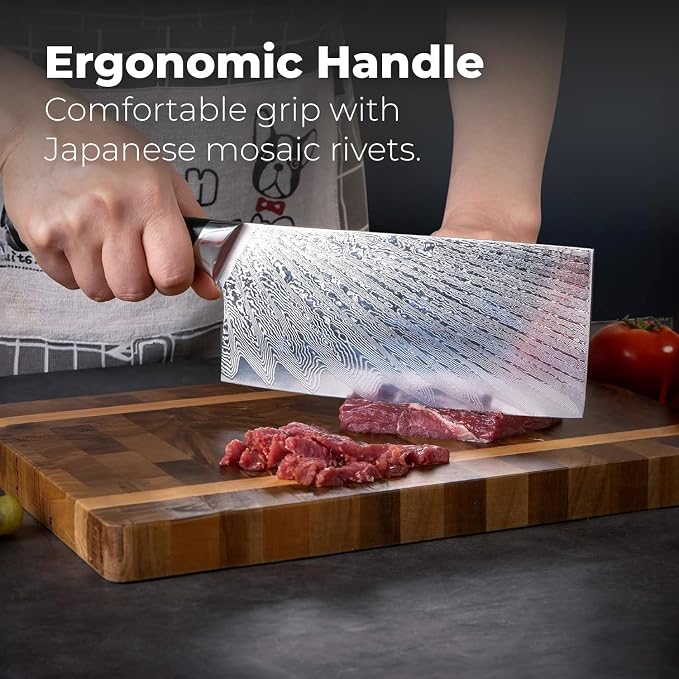 Master Maison Authentic 7.5" Damascus Cleaver Knife with Full-Tang Handle, Sheath, Sharpening Stone, Storage Box & Drying Cloth | AUS-10 Japanese Stainless Steel Professional Chef Butcher Knife Set