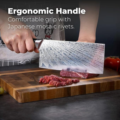 Master Maison Authentic 7.5" Damascus Cleaver Knife with Full-Tang Handle, Sheath, Sharpening Stone, Storage Box & Drying Cloth | AUS-10 Japanese Stainless Steel Professional Chef Butcher Knife Set