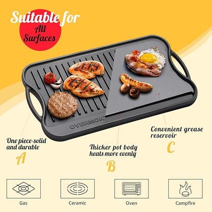 Overmont Reversible Cast Iron Grill Griddle Pan, Pre-Seasoned 17 x 9.8 Inch Dual-Sided Griddle Double Burner Cookware with Handles for Gas Grill, Stovetop, Oven, Campfire, Scrapers Included