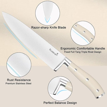 Kuisine Knife Set with Block and Sharpener, High Carbon Stainless Steel Chef Knife block Set for Kitchen（15 PCS Pro White）
