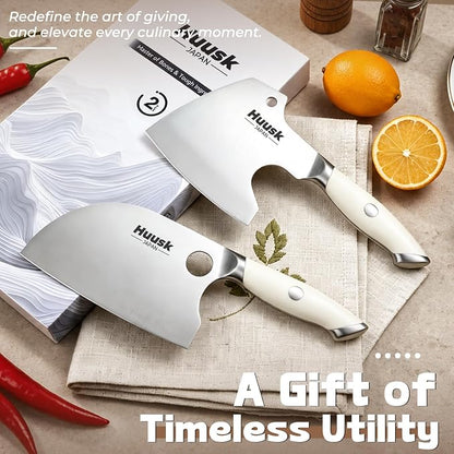 Huusk 2PC Butcher Knife Set - Ultra Sharp Serbian Chef Knife & Full Tang Bone Cleaver with Ivory White Handle, Heavy Duty Japanese Kitchen Axe Premium Gift for Women Men