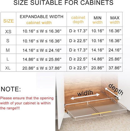 SANNO Chrome Expandable Pull Out Kitchen Cabinet Organizer, 14"-25" Width, 22.24" Depth, 2.7" Height, 2 Shelves, Modern Style, Bottom-Mounted, Easy Install, Kitchen Use