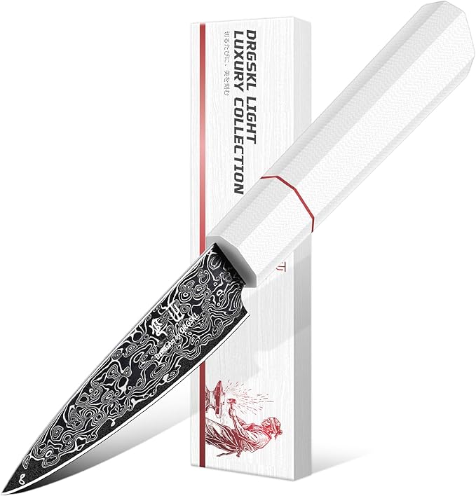 DRGSKL Damascus Fruit Knife 3.5 inch - VG10 Paring Knife for Precision Cutting - Small Kitchen Knives with Japanese G10 Handle - In Gift Box